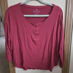 American Eagle Women's Soft & Sexy Maroon Red Button Long Sleeve Top